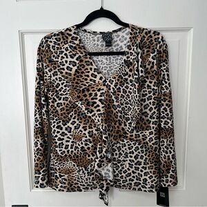 CLARA SUNWOO Leopard Print Ruffle Front Long Sleeve Shirt - Small - NWT